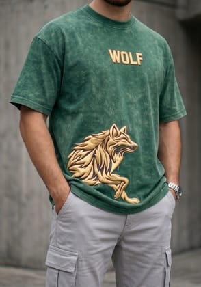 Hue Nox Men's Green Golden Wolf Graphic Oversized T-Shirt