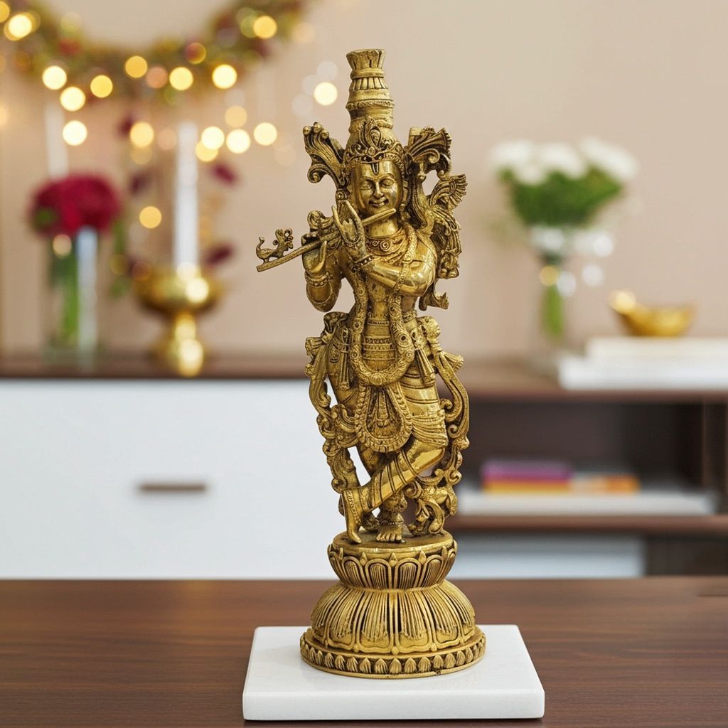 Brass Krishna Murti God Idol � Traditional Home Temple Decor, Height : 11 Inch (BSMAS1818 E)