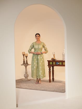Mint-Green Kota Doria Flared Kurta Dress with Silver-Zari Motifs & Satin Slip | U-Neck, 3/4-Sleeve, Ankle-Grazer Length