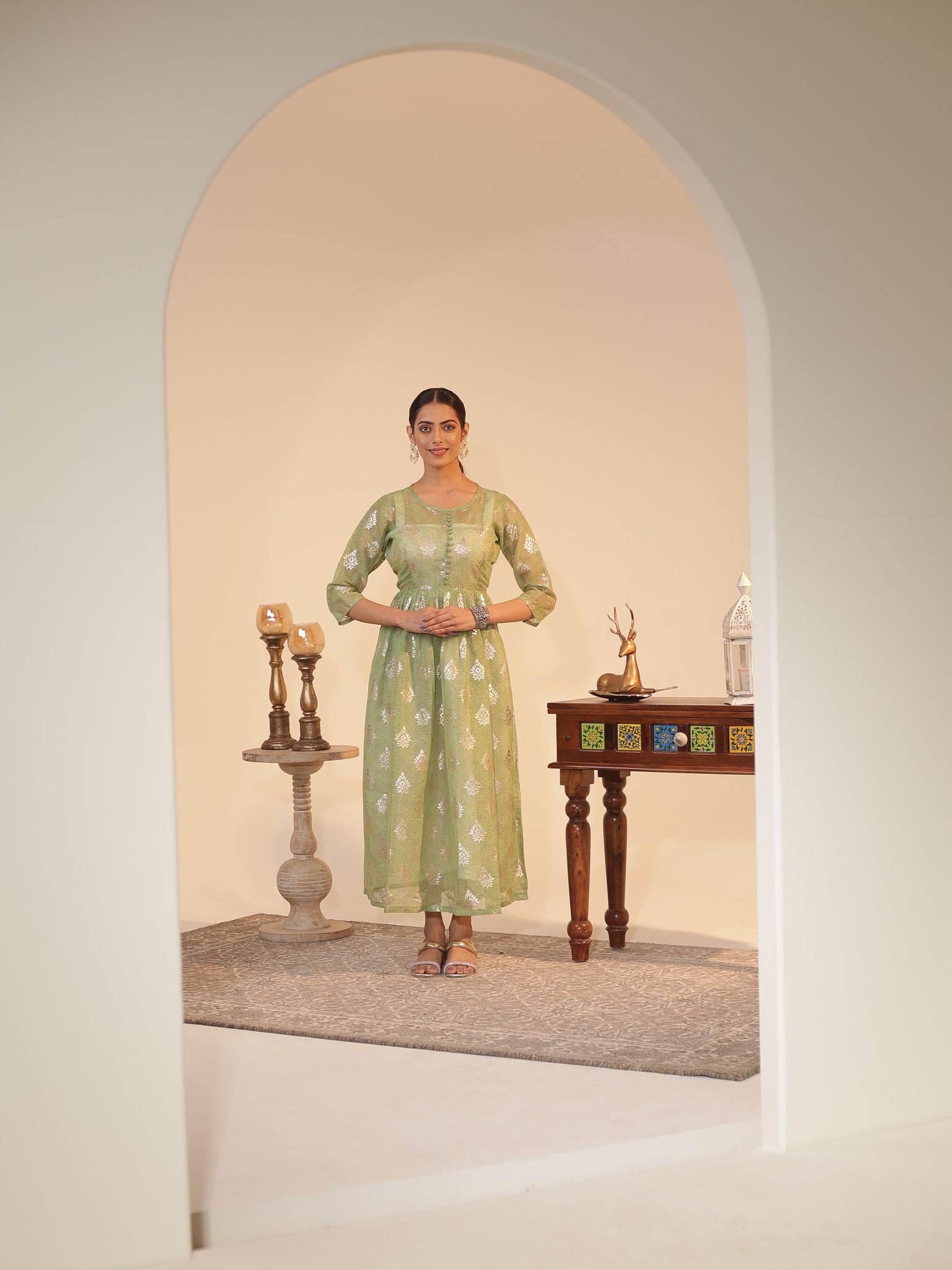 Mint-Green Kota Doria Flared Kurta Dress with Silver-Zari Motifs & Satin Slip | U-Neck, 3/4-Sleeve, Ankle-Grazer Length