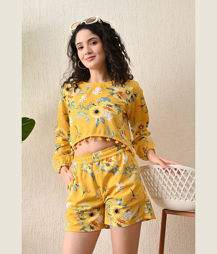 Lihana Women Printed Top With Shorts Co-Ord Set ( Yellow )
