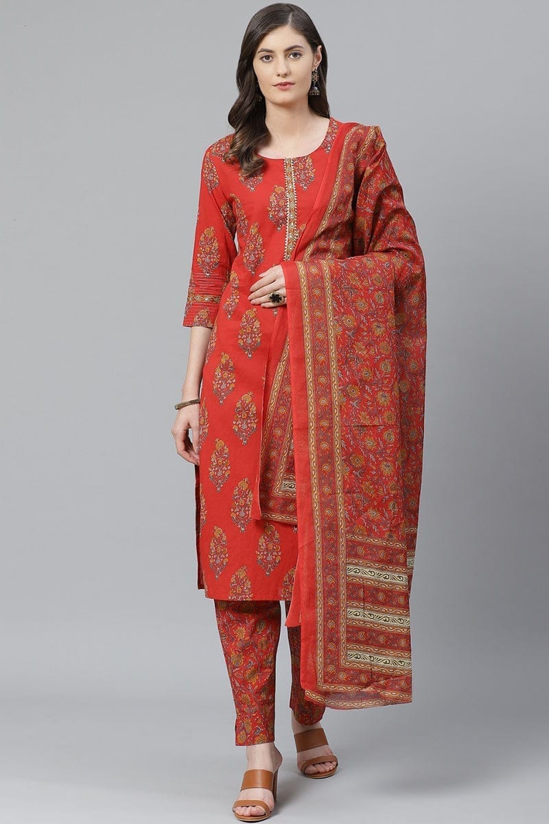 Plus Size Red Floral Printed Polyester Straight Suit Set PKSKD1067