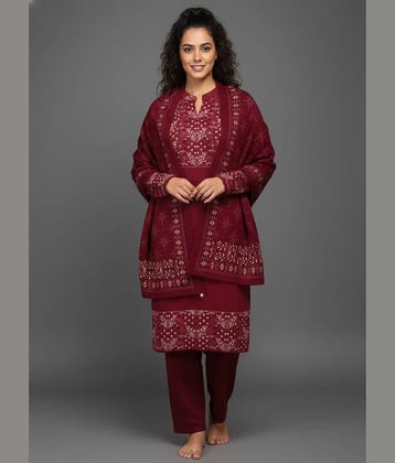 WOOL'S KART Women Woollen Embroidered A-line Kurti With Palazzo ( Red )
