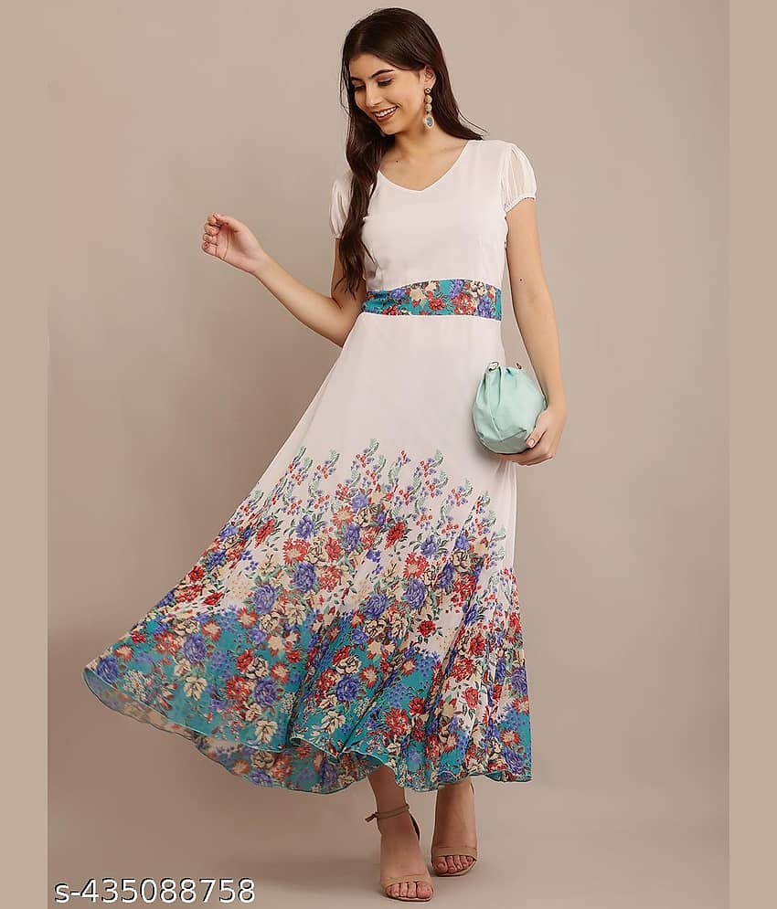 Raabta Fashion Women Georgette Printed Gown ( White )