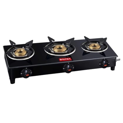 Baltra Olivia Glass Top 3 Burner Gas Stove, Manual Ignition, Black