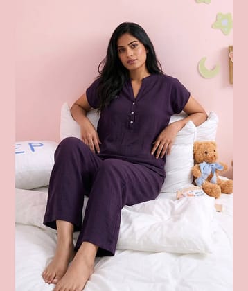 Addyvero Women Solid T-Shirt With Trousers Co-Ord Set ( Purple )