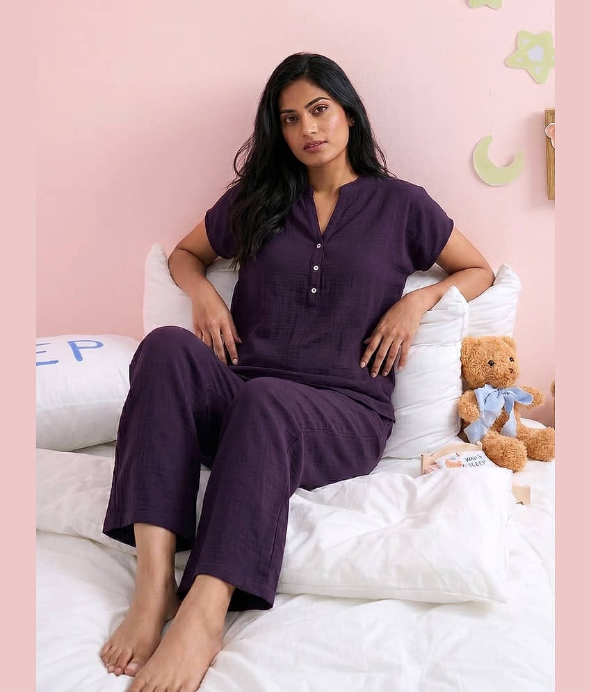 Addyvero Women Solid T-Shirt With Trousers Co-Ord Set ( Purple )