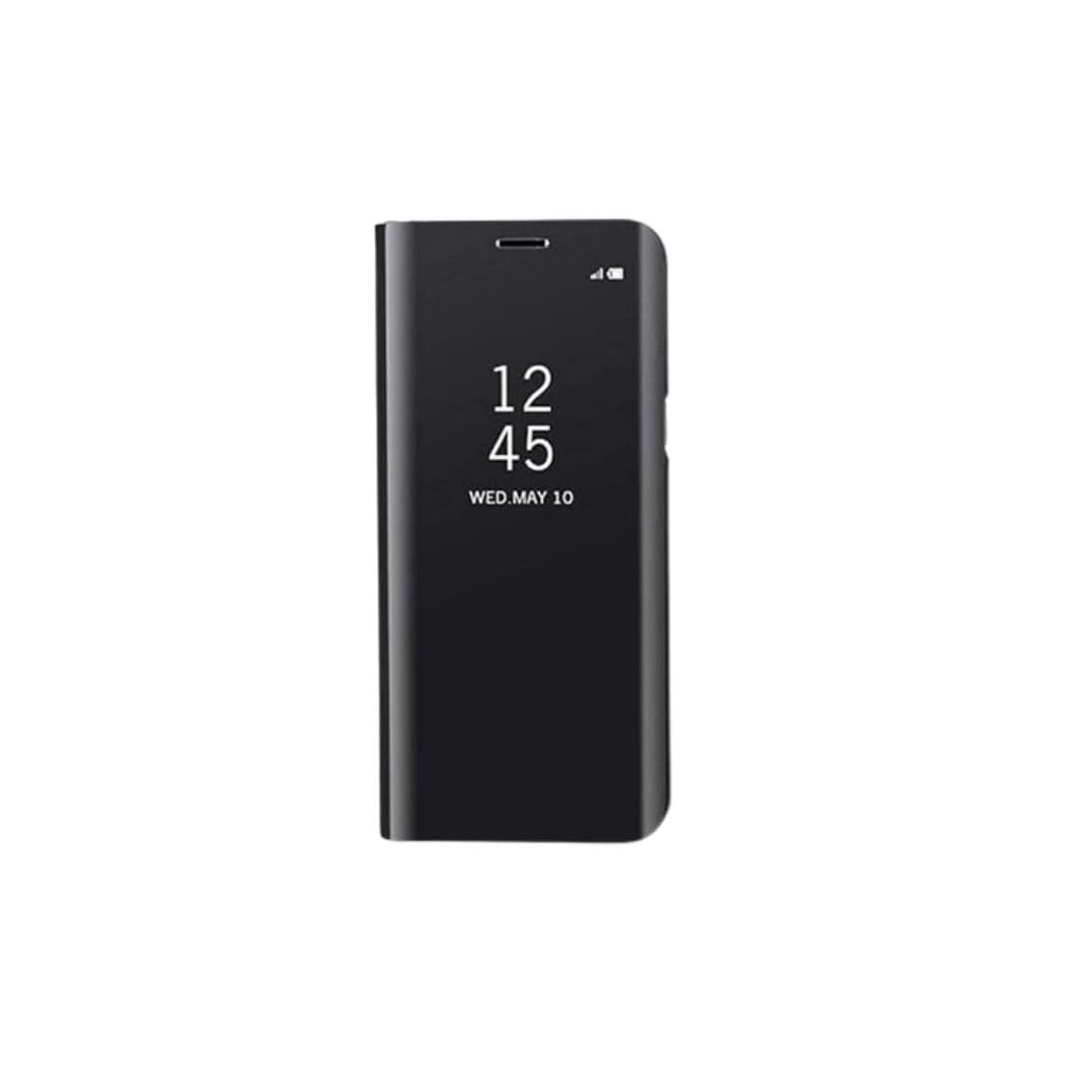 Compatiable with Reelme Narzzo 30a Clear View Electroplate Mirror Flip Case with Protective Glass Cover, Stylish Polycarbonate Design for Ultimate Protection and Sleek Functionality (Black)