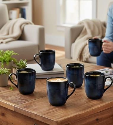 Table & Tale Premium Porcelain Mug with Blue Elegant Pattern | Made in Sri Lanka | Vegan | Vegan, Bone-Ash Free | Durable, Scratch-Resistant | Ideal for Coffee, Tea & Gifting | Set of 6