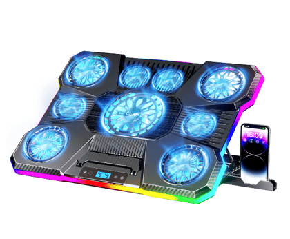 Claw Storm Pro A21 - 9 Motors RGB Laptop Cooling Pad with 9 Height Levels, USB & Type-C Ports, LCD Display and Mobile Stand