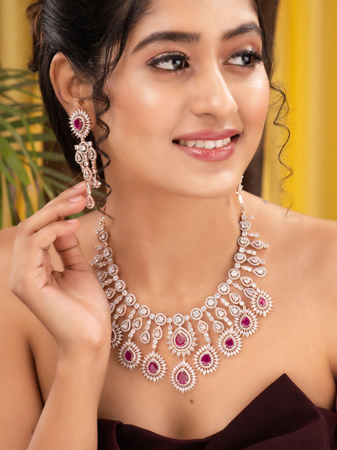 Rose Gold Toned Pink AD Studded Statement Necklace jewellery Set