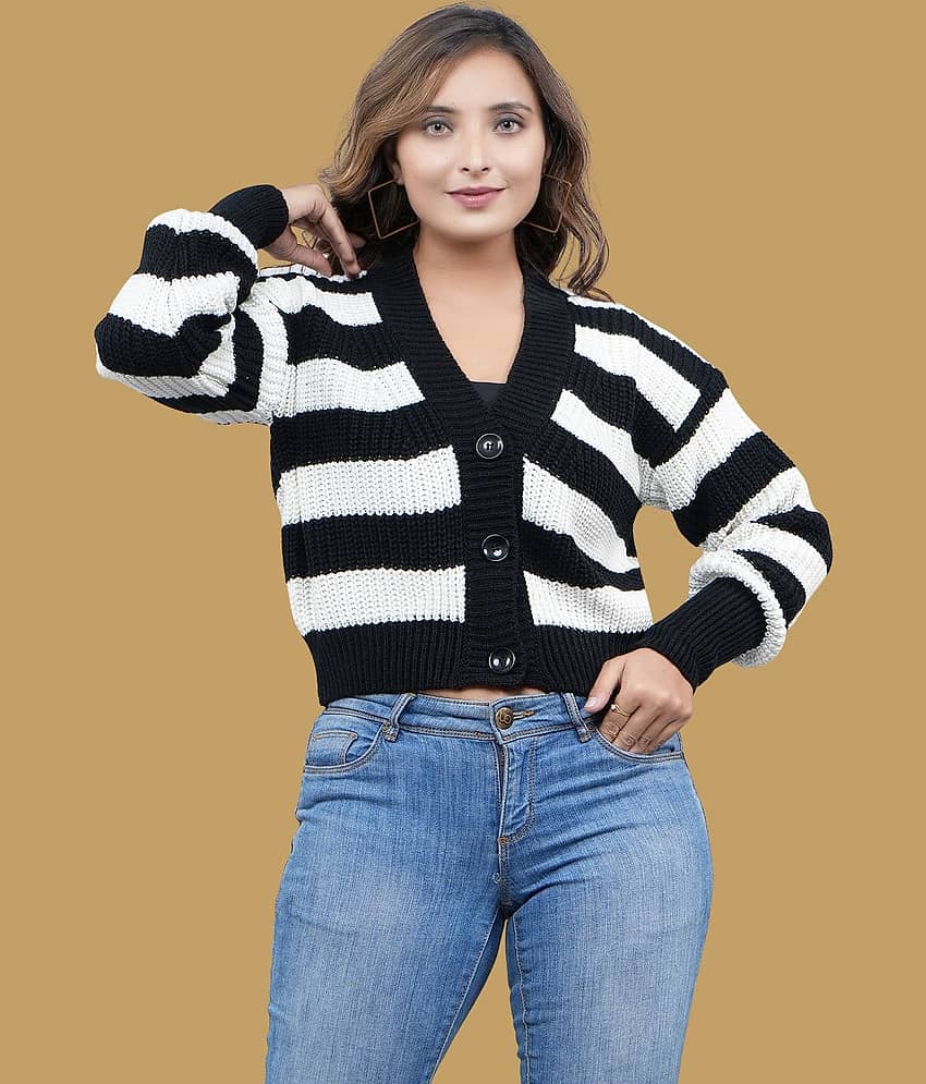 FEVERFEW Women Woollen V-Neck Cardigan ( Black )