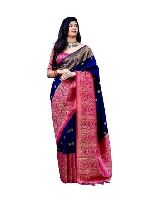 Women's Soft Lichi Silk Printed Saree With Unstitched Blouse 5.5Mtr (Blue)-PID63565