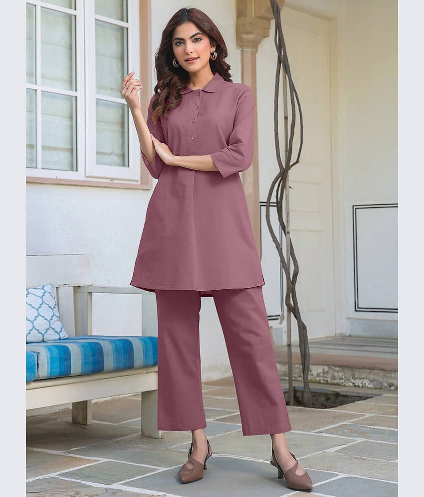 Janasya Women Solid Tunic With Trousers Co-Ord Set ( Mauve )