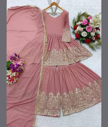 YASHASVI ENTERPRISE Georgette Embellished Kurti With Sharara And Gharara Women's Stitched Salwar Suit - Peach ( Pack of 1 )