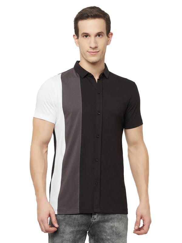 Men's Casual Colorblock Cotton Blend Collared Neck T-Shirt (Black, 2XL)-PID47779