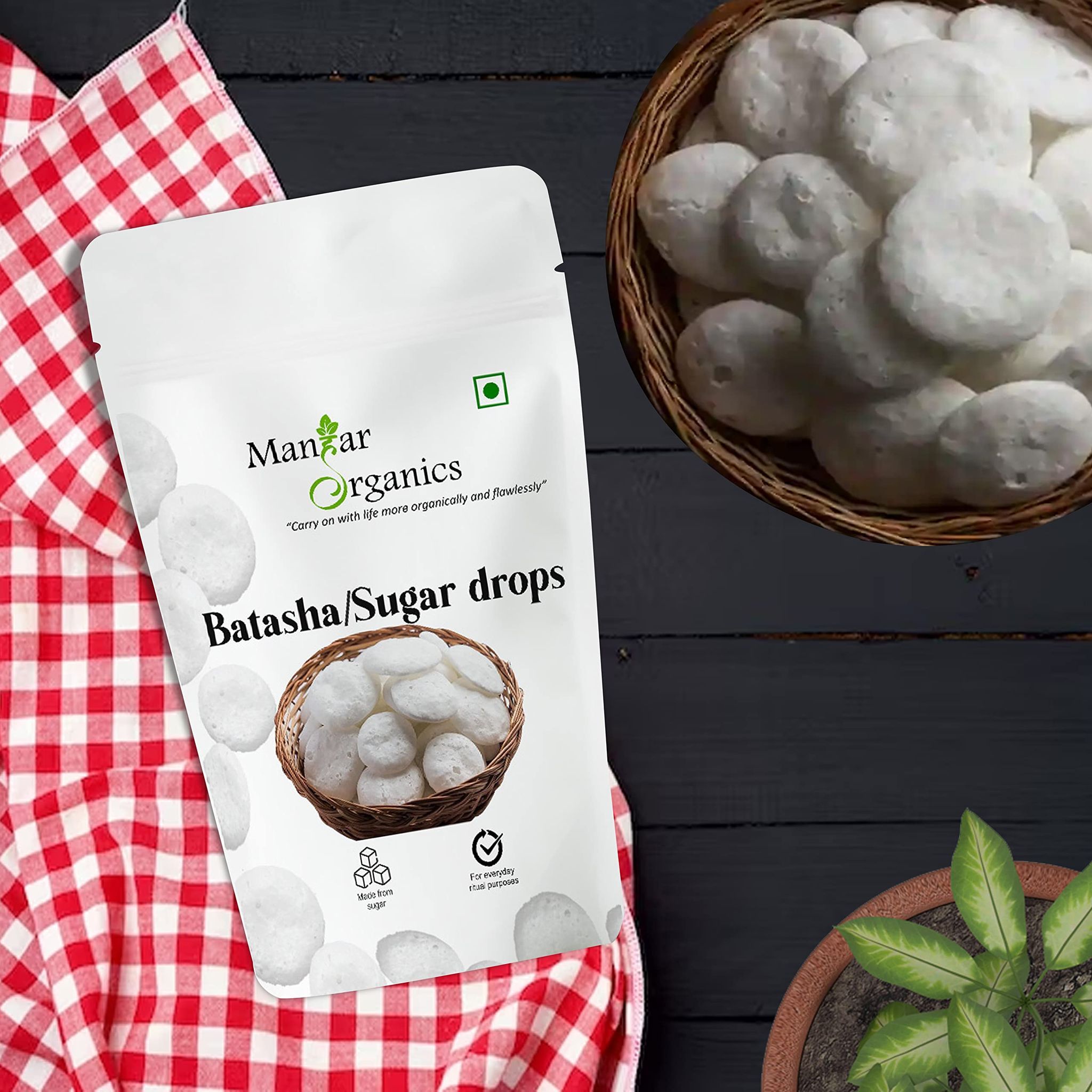 ManHar Organics Batasha | Traditional Indian Sugar Drops | Puja & Festive Use | Desi Mishri | 100% Pure & Natural – 250g