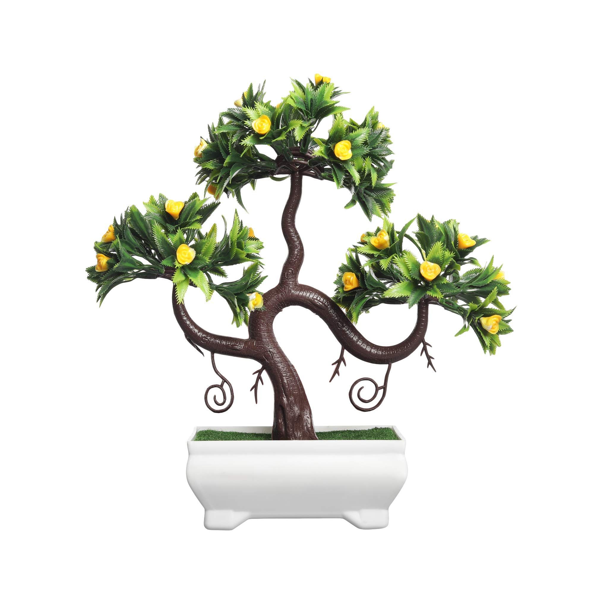 FOLIYAJ Artificial Plant Bonsai Tree with Pot for Home Decor Living Room (23 cm x 10 cm x 23 cm, FYJ-WPT-B-SSHPTRNLEVYELFLW)