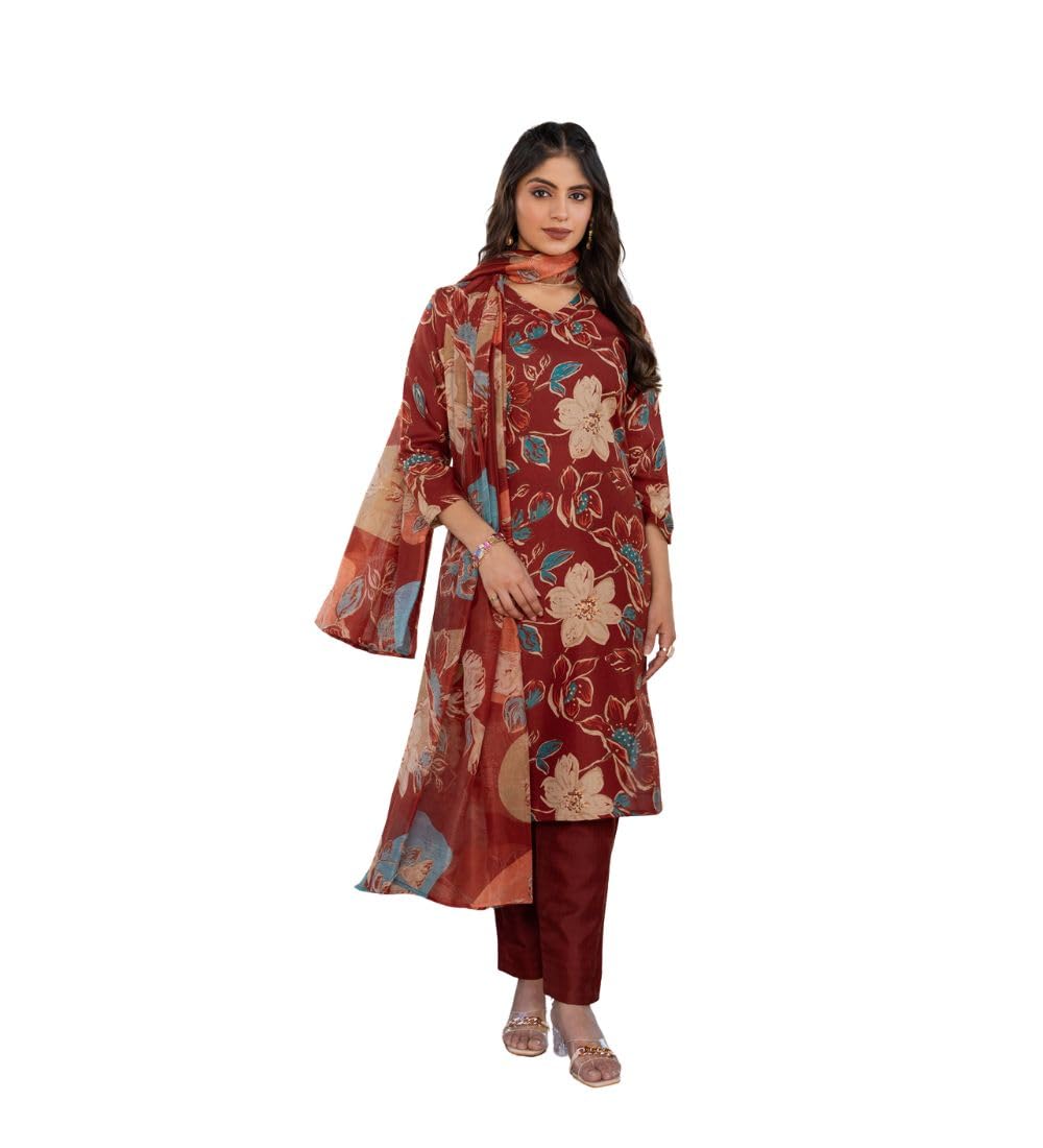 Women's Cotton Blend Printed Kurti with Pant Dupatta Set (Rust, M)-PID63057