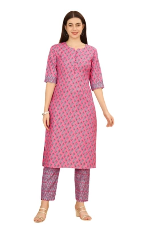 Women's Casual 3-4 th Sleeve Printed Cotton Kurti Pant Set (Pink, M)-PID50299
