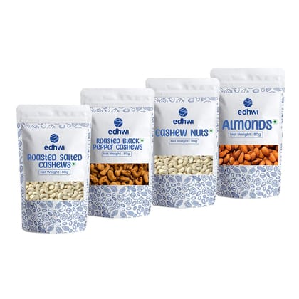 Edhwi Nuts Combo Pack Almonds, Cashew Nuts, Salted Cashew, Pepper Cashew, Pack of 4, 80gram Each