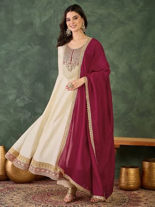 Embroidery Vichitra Silk Blend Fabric Flared Anarkali Pant And Dupatta Set