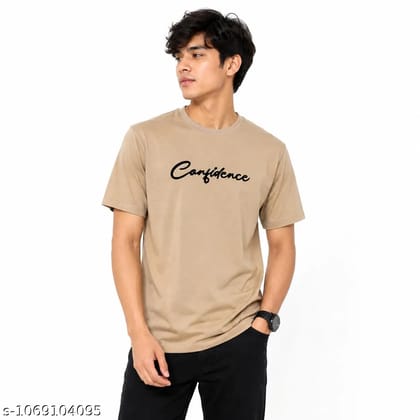 Mens Confidence Printed Round Neck Half Sleeve Cotton Blend T-Shirt (Beige)