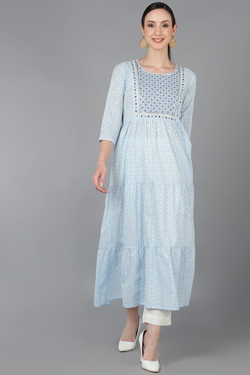 Blue Cotton Yoke Design Abstract Printed Flared Kurta VCK8934