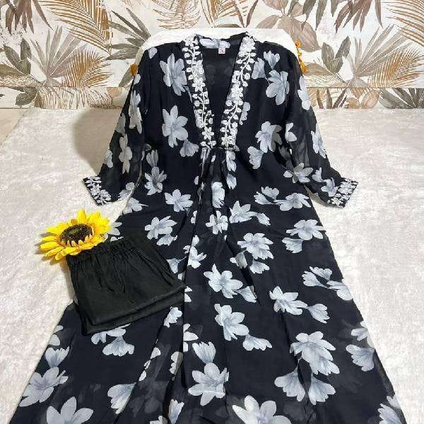 Georgette Chikankari lace V Neck Kurti Pant