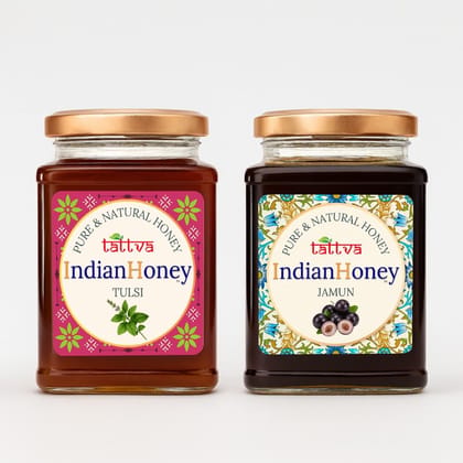 IndianHoney Jamun & Tulsi Honey Combo (Pack of 2) | Pure & Natural | 1kg (500g Each) | Unprocessed & Unfiltered Natural Sweetener