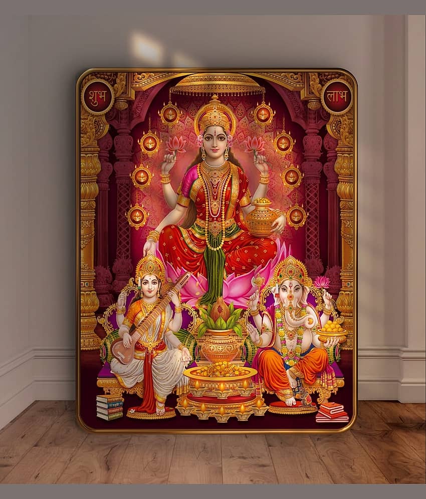 SAF Lakshmi Saraswati Ganesh Wall Painting | Golden Frame Sparkle Laminated MDF Art | Hindu God Poster for Home Temple Pooja Room | Shubh Labh Decorative Spiritual Wall Frame