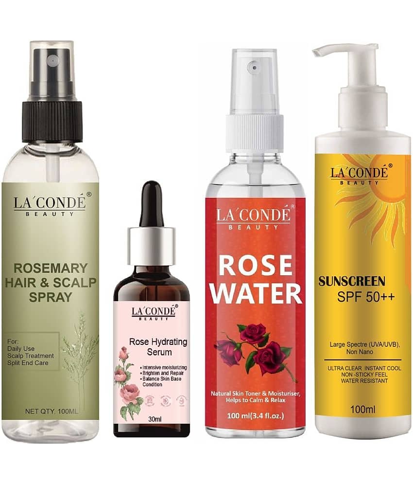 La'Conde Beauty Rosemary Water | Hair Spray For Regrowth 100ml, Rose Hydrating Serum for Brighten Skin 30ml, Natural Rose Water 100ml & Sunscreen Cream with SPF50+ 100ml - Combo of 4
