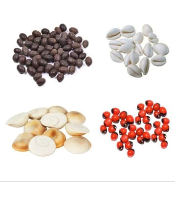 Combo of Red Gunja/Chirmi Beads, Kamal Gatte & White Kauri/Kaudi & Gomti Chakra (11 pcs Each) for Puja, Worship, Protection for Diwali & Laxmi Pooja