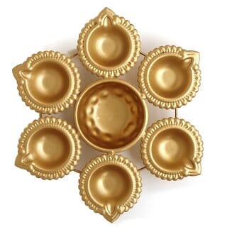 Golden Diya Metal Urli Bowl, Festive Diwali Decor with Floating Candles & Flowers (Pack of 1)