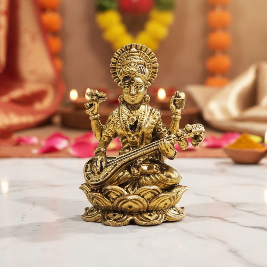 Mini Brass Saraswati Ji Idol Statue for Gifting, Height : 1.5 Inch (BSMAS1923 C)