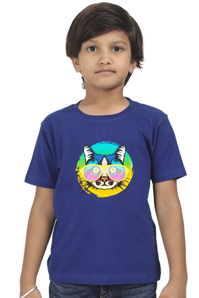Round Neck T-Shirt (Boys) - Cat With Glasses (10 Colours)