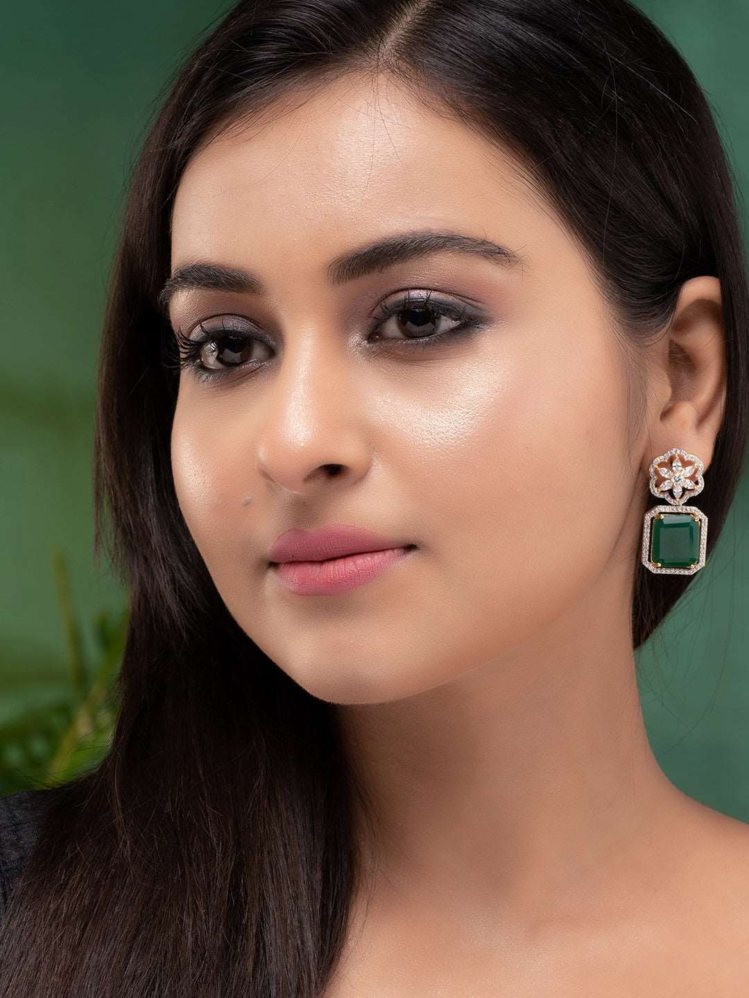 Gold Plated Green Square Drop Earrings