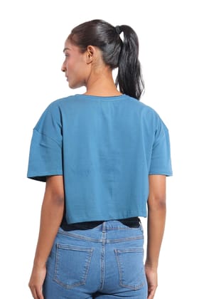 Kinnko Premium Cotton Womens Printed Crop T-Shirt  Blue