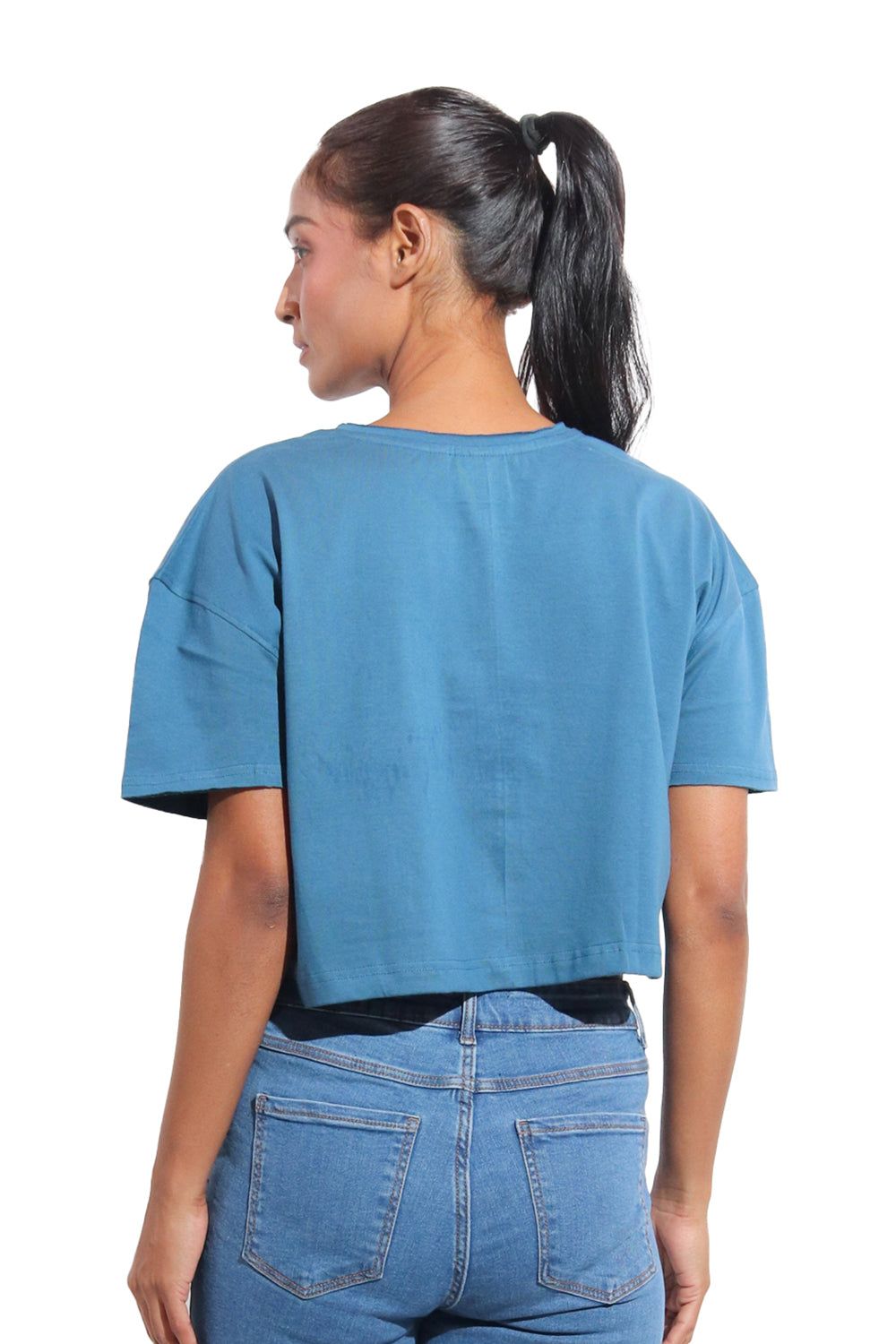 Kinnko Premium Cotton Womens Printed Crop T-Shirt  Blue