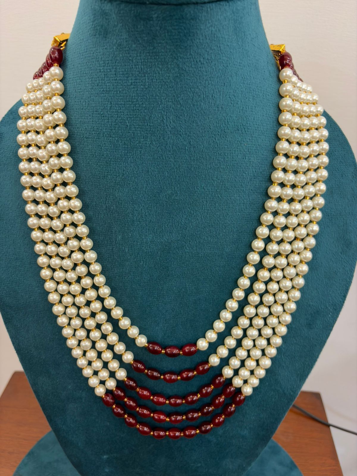 deep maroon and off-white multi-layered unisex pearl necklace