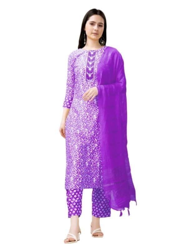 Women's Casual 3-4 th Sleeve Embroidery Rayon Kurti Pant Dupatta Set (Purple, M)-PID50198