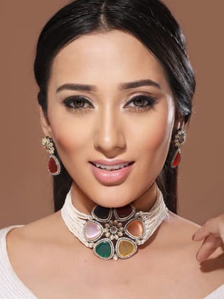 GoldPlated Multi Stone Pearl Beaded Floral Choker Jewellery Set
