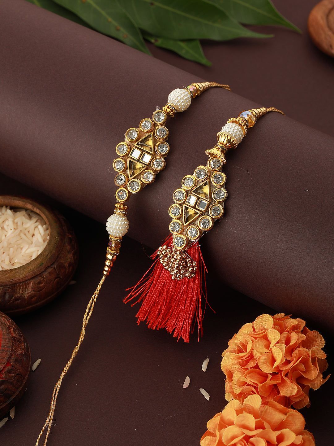 Set Of 2 Kundan Studded & Thread Beaded Lumba Rakhi Set