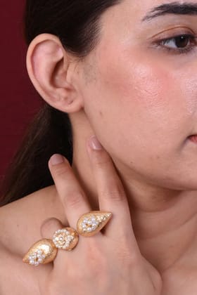Smitam Jewels Saaze Dual Finger Ring Pearl Floral Brass Statement Ring