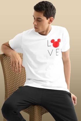 New Trendy Mens White Polyester Relaxed Fit T-Shirt, Minimal Mickey Mouse Chest Print, Half Sleeves Round Neck Casual Wear (Color-White Size-XL)