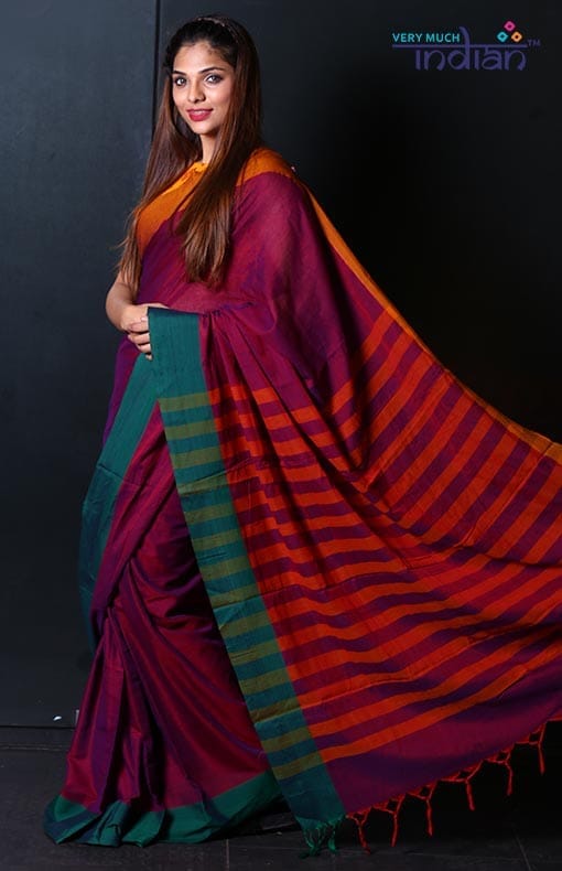 Handloom Soft Cotton Saree - Royal Purple with Dual Border