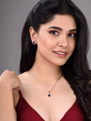 Rose Gold Plated Blue AD Solitaire pendant Locket Set Earrings and Chain
