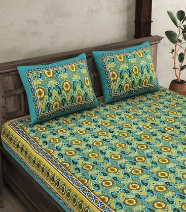 290 TC Premium Cotton Ikat Super King Size Double Bedsheet With 2 Pillow Covers(118
