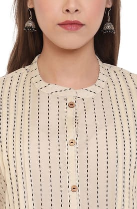 Cream Cotton Striped Pleated Top