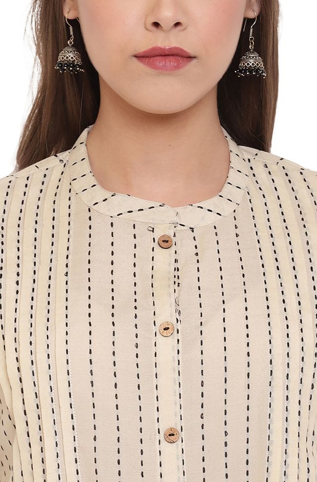 Cream Cotton Striped Pleated Top